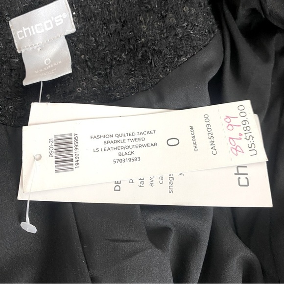 Chico’s Black Quilted Sparkle Tweed Jacket Size S - Picture 6 of 9
